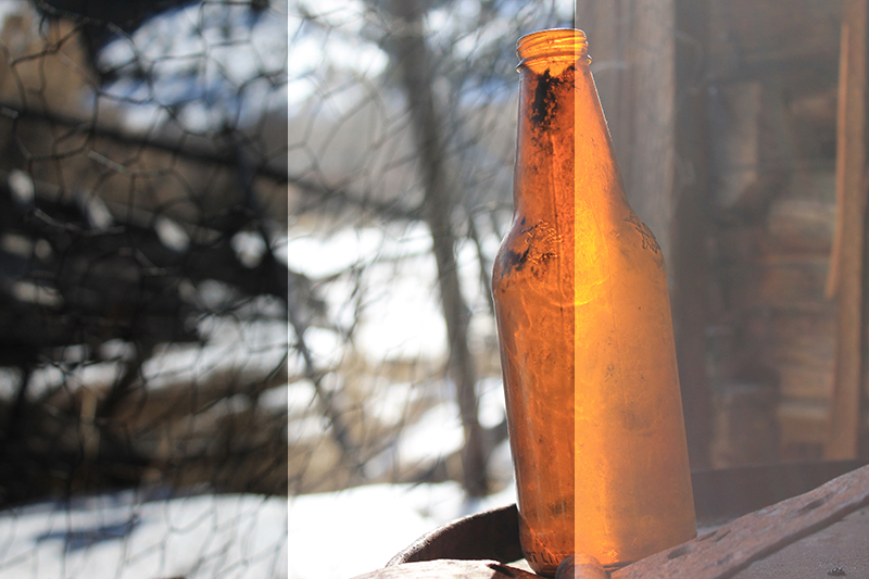 Photo of an amber-colored bottle showing three different exposures