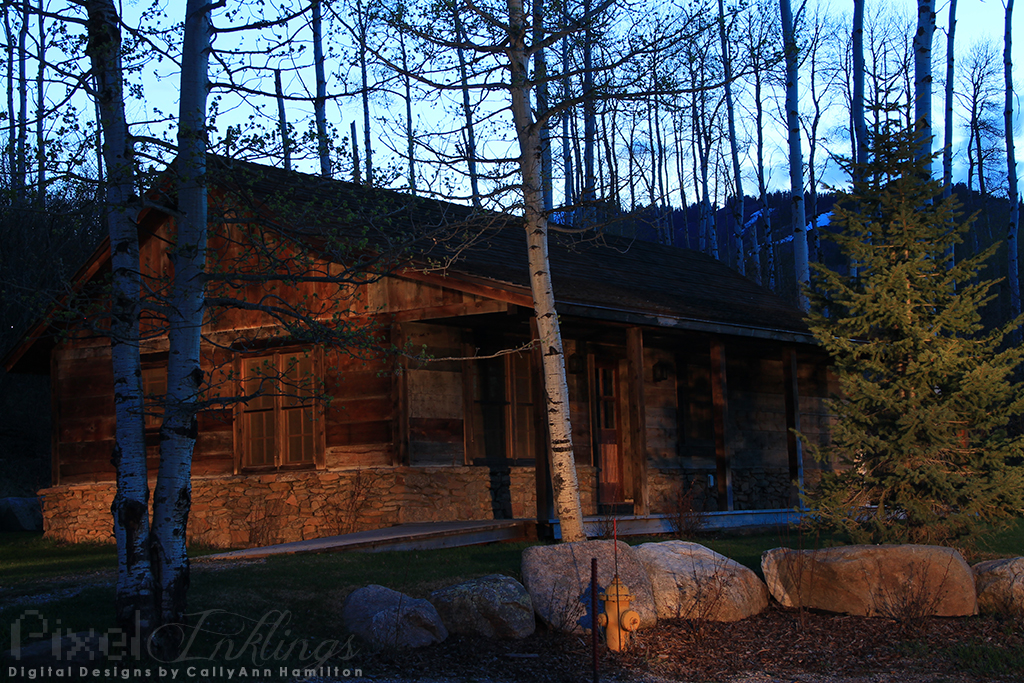 Log cabin in the woods near nightfall